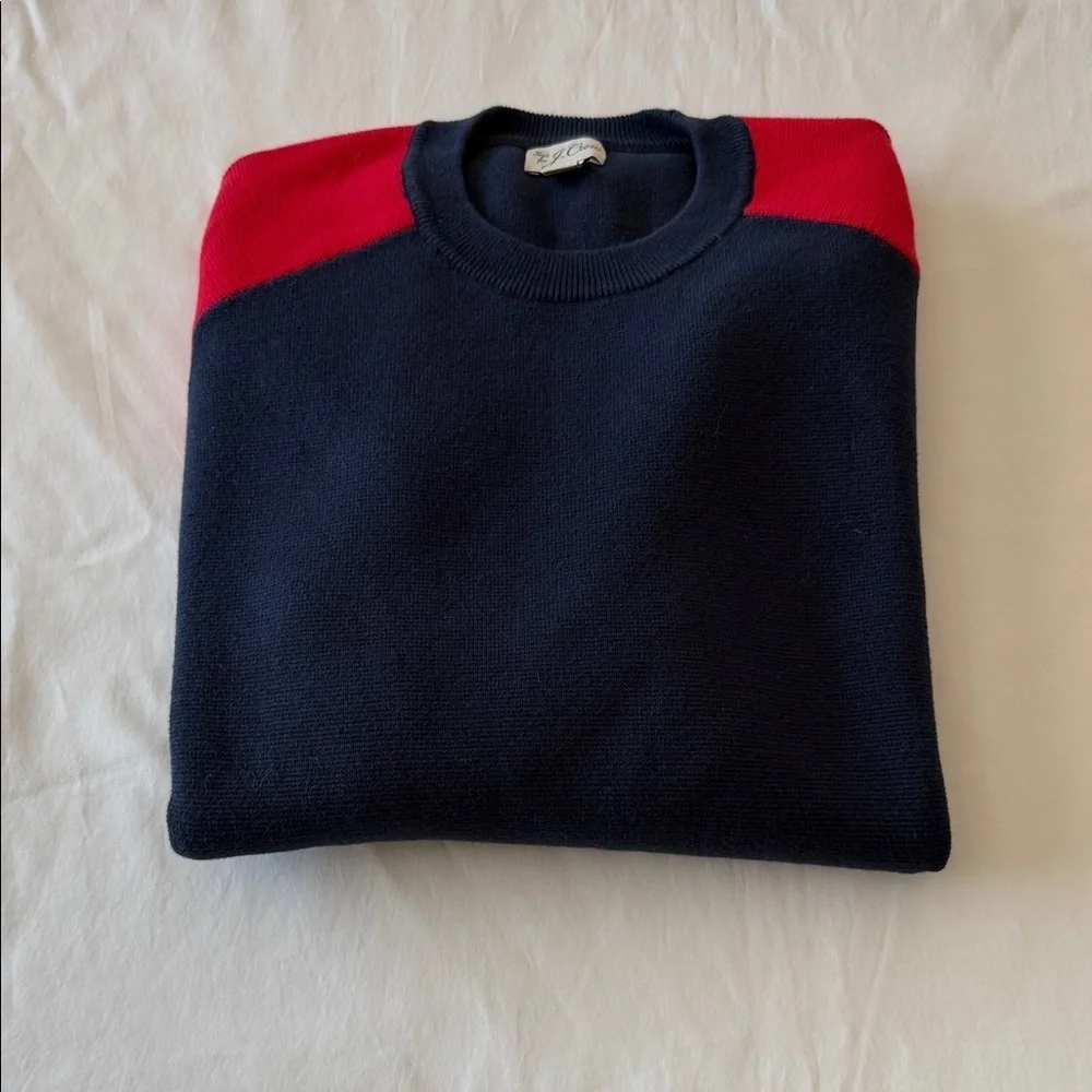 J. Crew Men's Navy, Red, and Yellow Striped Crewneck Sweater